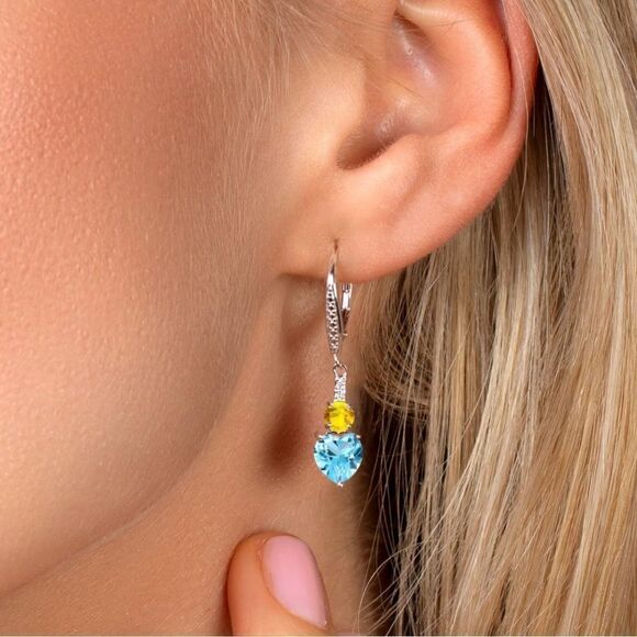 925 Sterling Silver with 3.75 Cttw Blue Topaz and Yellow Sapphire Heart Earrings
